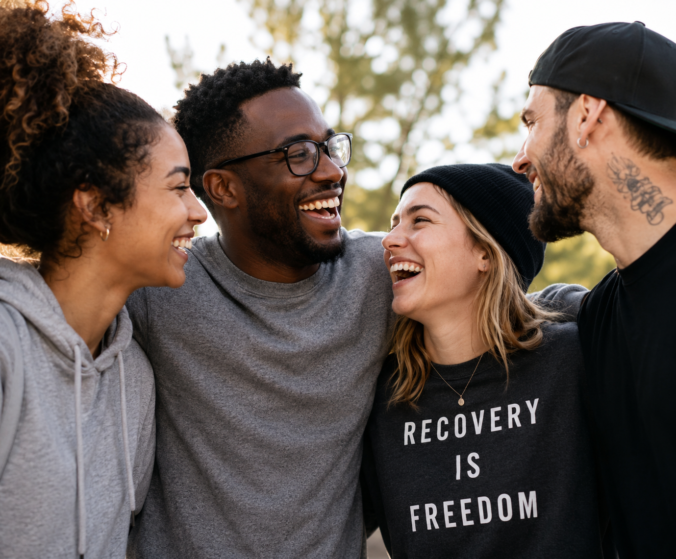 Four friends laughing together outdoors, arms around each other